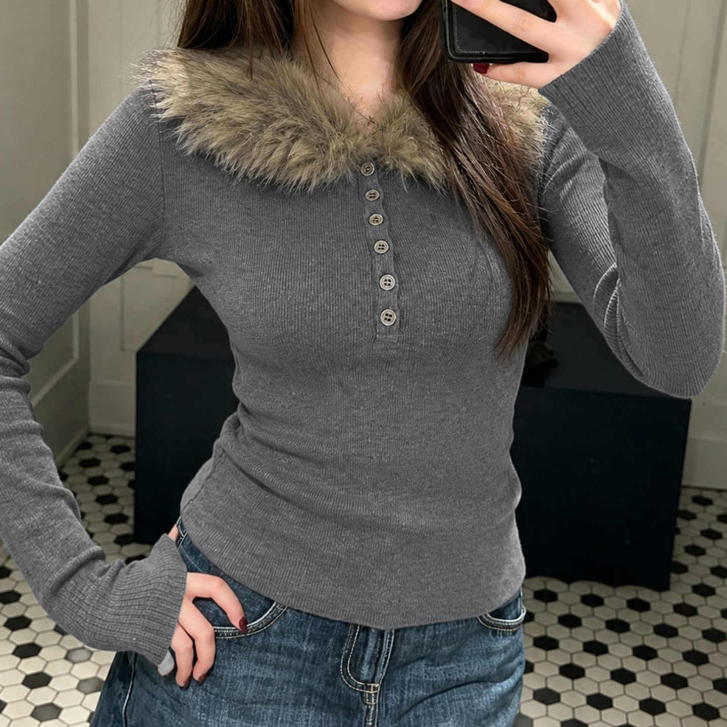 Sexy women's outf 秋冬欧美风毛毛领连帽拼接修身百搭上衣T恤女