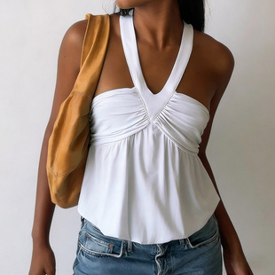 top辣妹挂脖胸型褶皱吊带上衣性感小背心 camisole Sexy backless