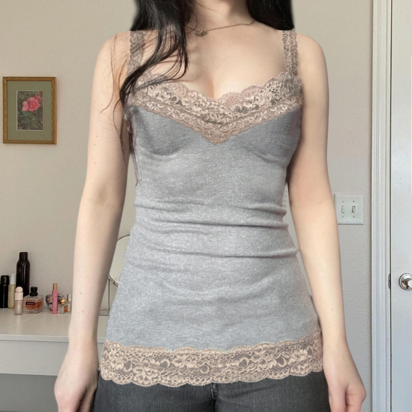 Pure desire girl camisole top 甜美清新修身蕾丝拼接吊带女上衣