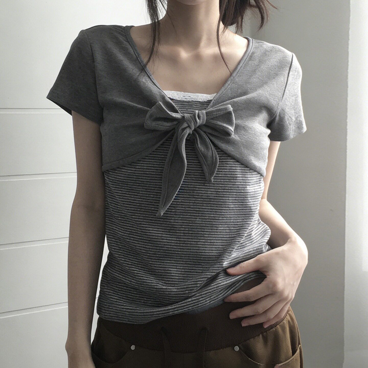 Sexy camisole cover two-piece set性感条纹吊带+绑带罩衫两件套