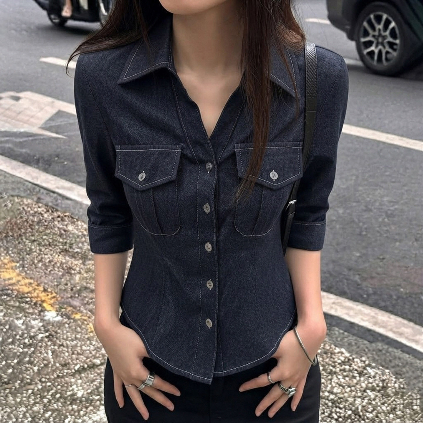 Women's denim shirt 韩系复古单排扣收腰显瘦牛仔衬衫女翻领上衣