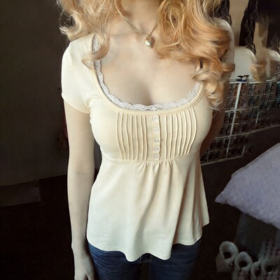 Summer New Short Sleeves 甜美复古风蕾丝拼接排扣短袖T恤上衣女