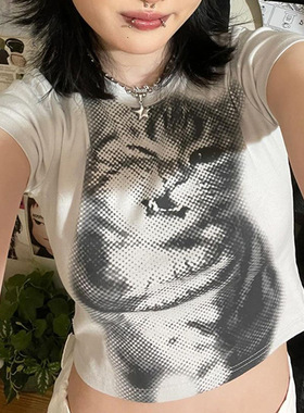Printed short sleeved T-shirt for women可爱猫咪印花短袖T恤女