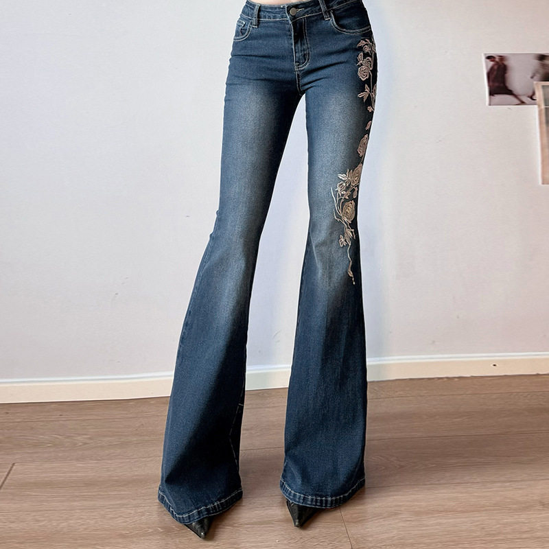 Rose Embroidered Flare Jeans玫瑰刺绣喇叭牛仔裤女秋冬低腰休闲