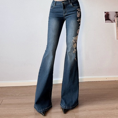 Rose Embroidered Flare Jeans玫瑰刺绣喇叭牛仔裤女秋冬低腰休闲