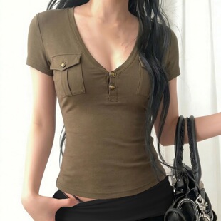 neck shirt Retro T恤女复古工装 性感辣妹V领短袖 风上衣 sexy