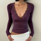 woman Sexy neck lace shirt性感女人V领蕾丝花边拼接T恤长袖