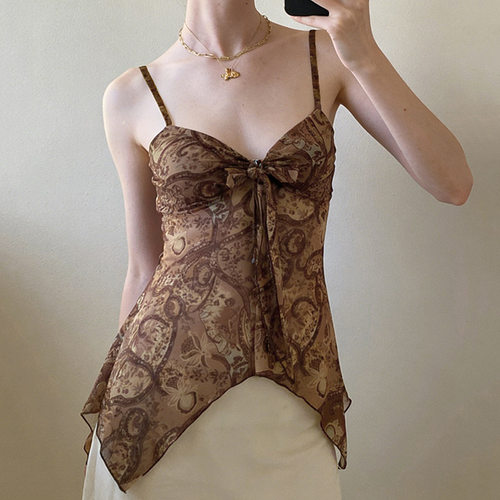 Sexy irregular strap vest 性感不规则上衣印花绑带叠搭吊带背心