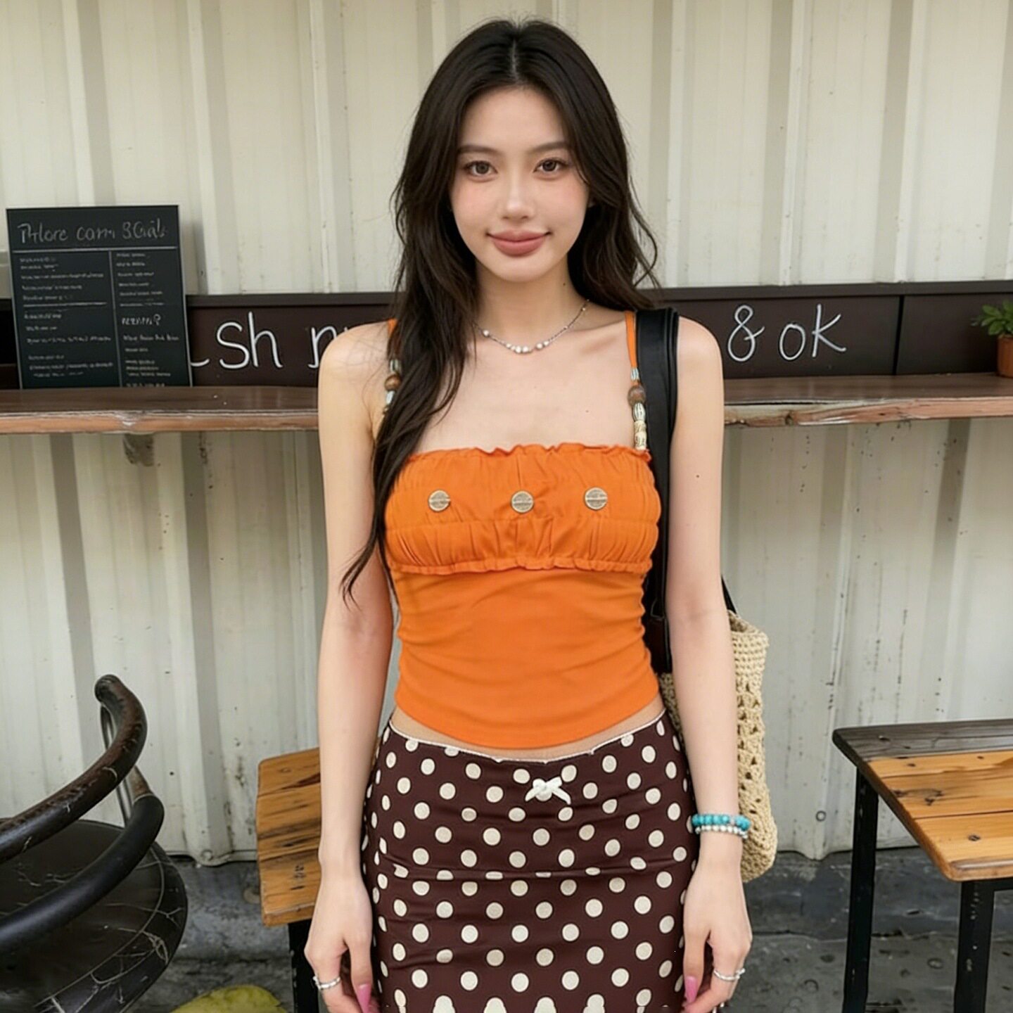 Summer pleated camisole vest夏日多巴胺串珠一字领吊带背心上衣