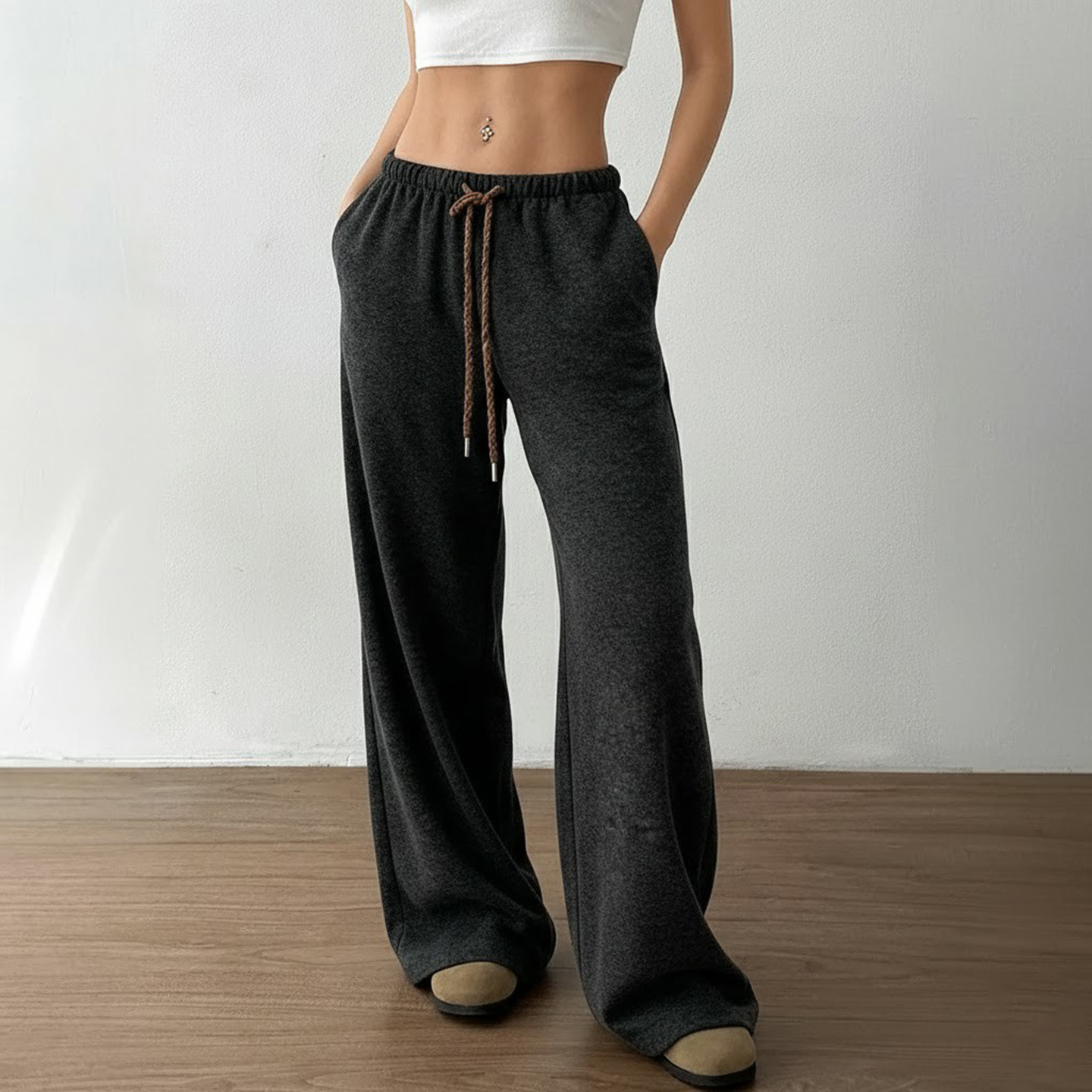 Loose lace up casual pants简约宽松抽绳系带松紧腰针织休闲裤女