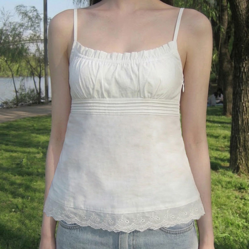 Lace white camisole vest简约白色吊带背心女纯欲花边法式小上衣