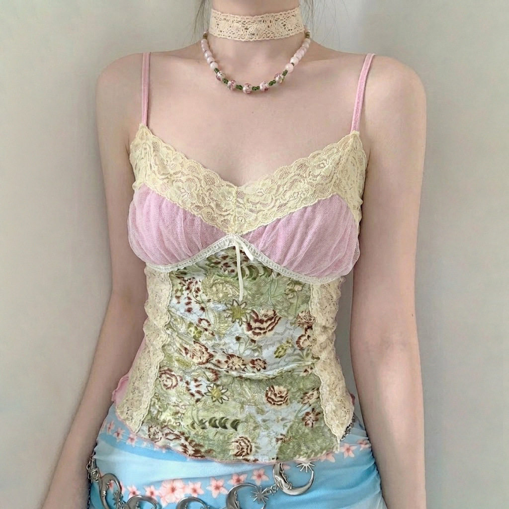 Sexy mesh chest camisole vest 千禧风辣妹网纱拼接胸型吊带背心