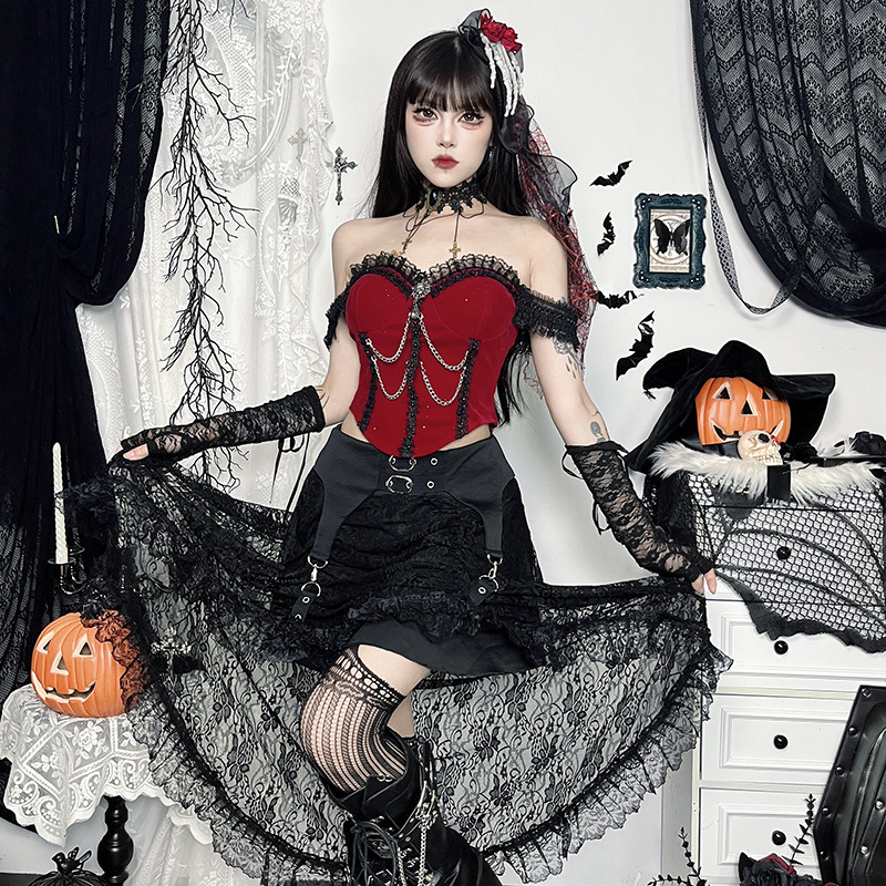 Gothic one shoulder top for women宫廷风背心红色一字肩上衣女