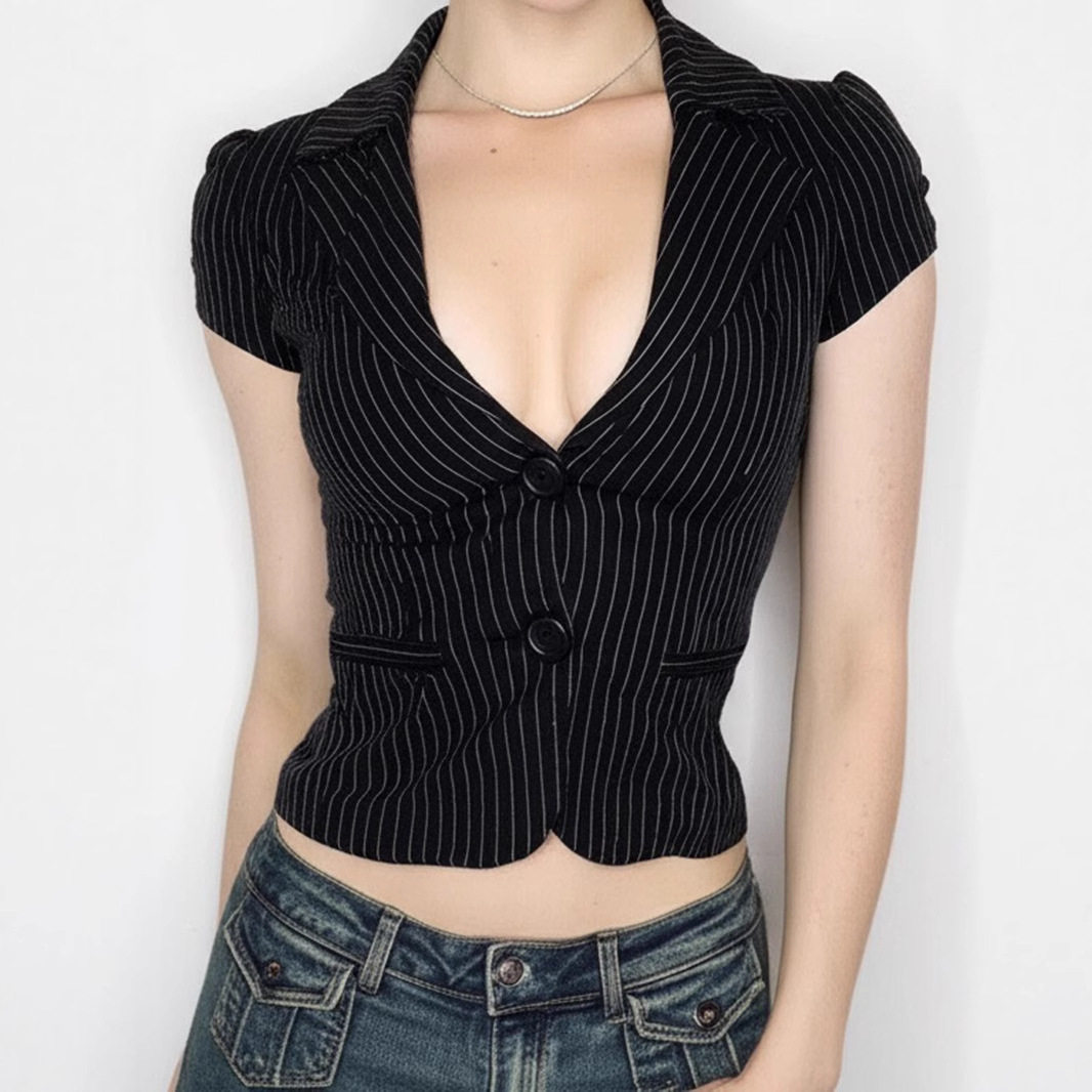 Striped suit top for women 深V领条纹衬衫两粒扣短袖西装上衣女