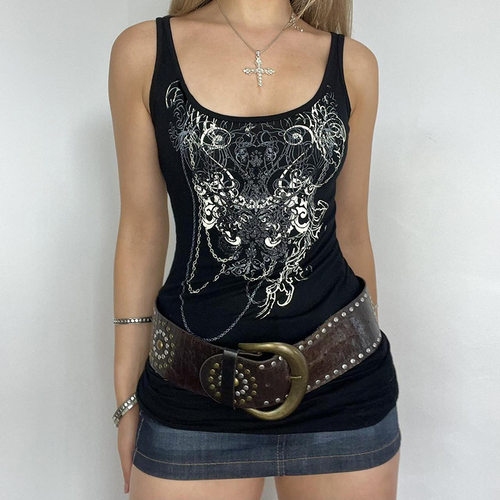 Dark slim fit U-neck vest暗黑亚比风印花修身U领背心女无袖上衣