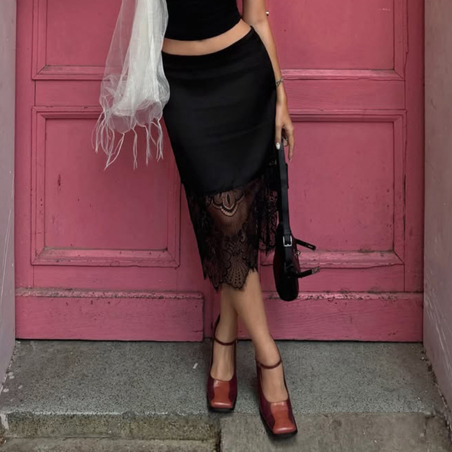Sexy women's outf 美式低腰蕾丝拼接缎面半身裙女性感中长包臀裙