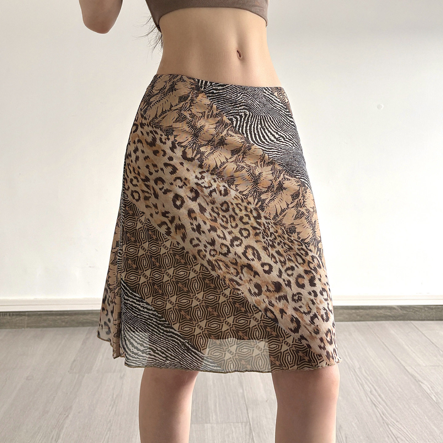 Sexy women's outf 欧美风印花低腰半身裙复古低腰网纱拼接中长裙