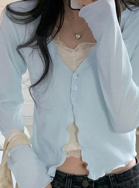 Blue slim fit cardigan top 温柔风蓝色开衫上衣木耳边长袖T恤女