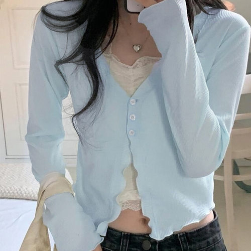 Blue slim fit cardigan top 温柔风蓝色开衫上衣木耳边长袖T恤女