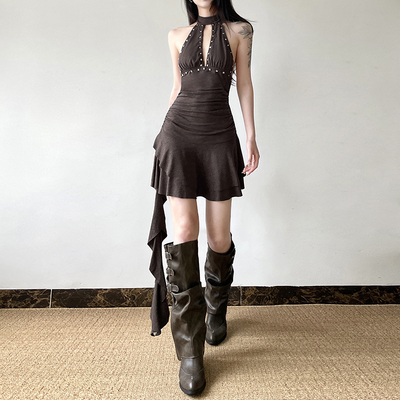 Sexy neck hanging ribbon dress废土风性感露背挂脖飘带连衣裙女