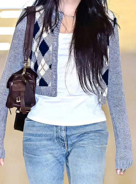 College style woolen jacket 学院风灰色菱形格毛织外套上衣女