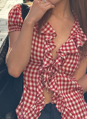 French red checkered shirt top 法式红色格子衬衫女泡泡短袖T恤