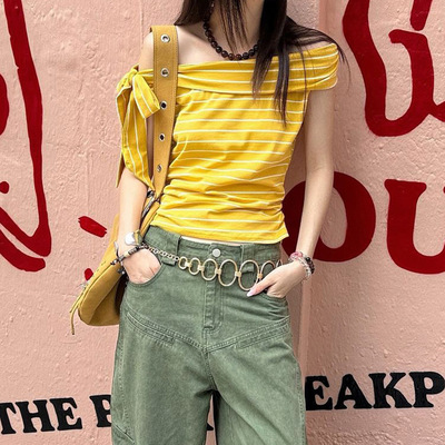 One shoulder striped T-shirt 一字肩绑带辣妹露肩条纹短袖T恤夏