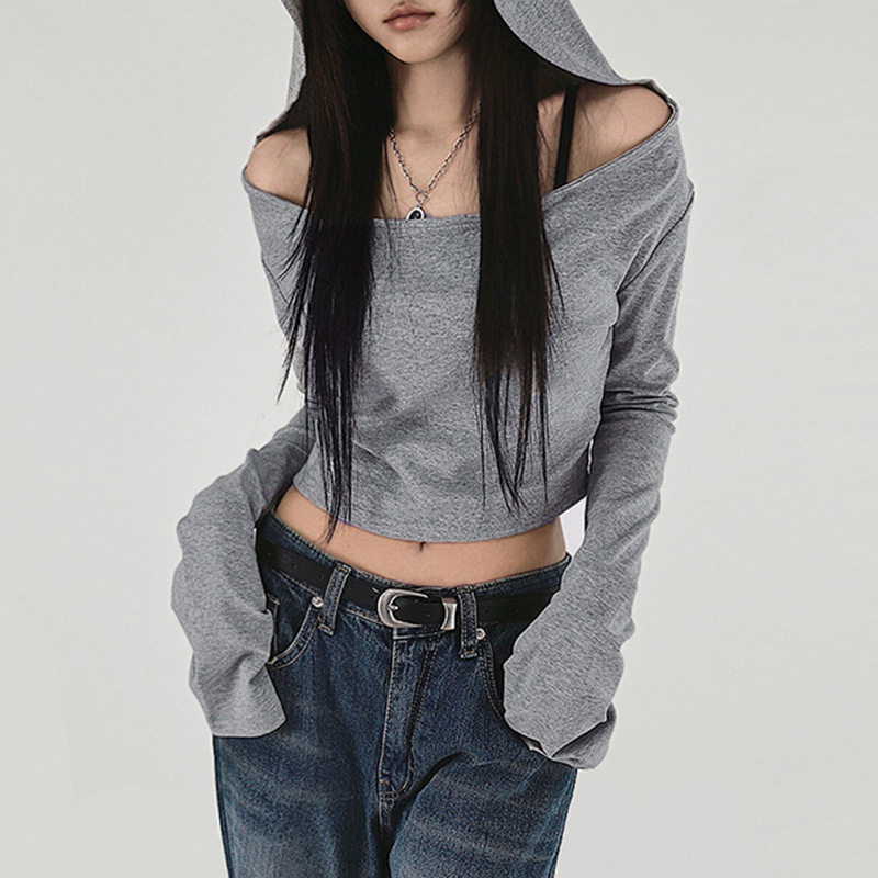 Sexy thin hooded T-shirt 废土风露肩连帽T恤性感薄款长袖女上衣