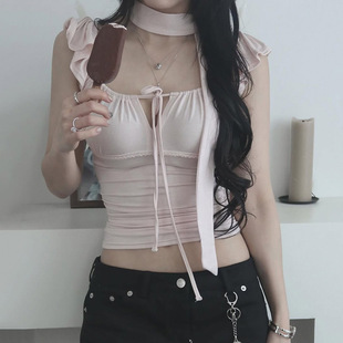 Pink Strap T-shirt for Women 粉色温柔风小飞袖短袖T恤女打底衫