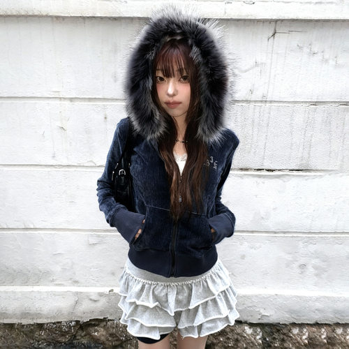 Spicy girl slim zipper jacket 辣妹修身外套毛毛连帽休闲卫衣女