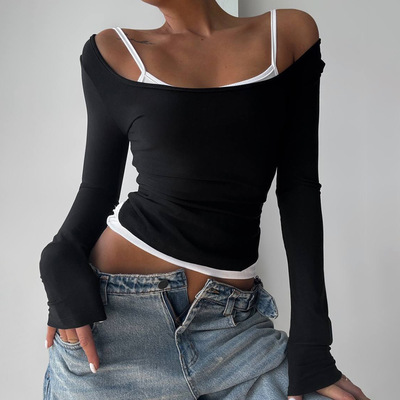 Sexy tank top T-shirt set性感一字肩吊带背心长袖T恤两件套装女