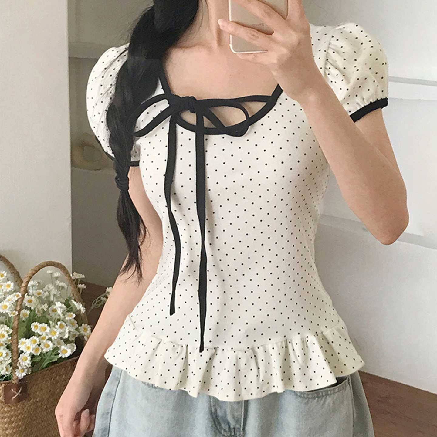 Strap up short sleeved T-shirt for summer木耳边系带短袖T恤女