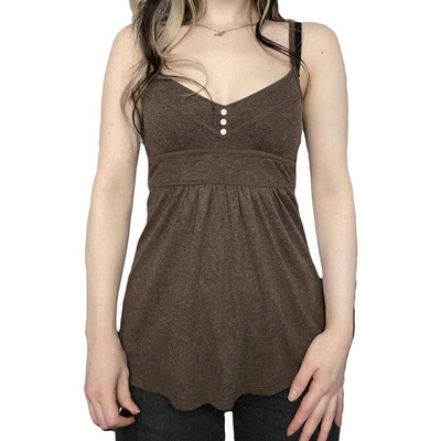 Buckle V-neck pleated sling复古棕排扣V领褶皱感吊带女系带上衣