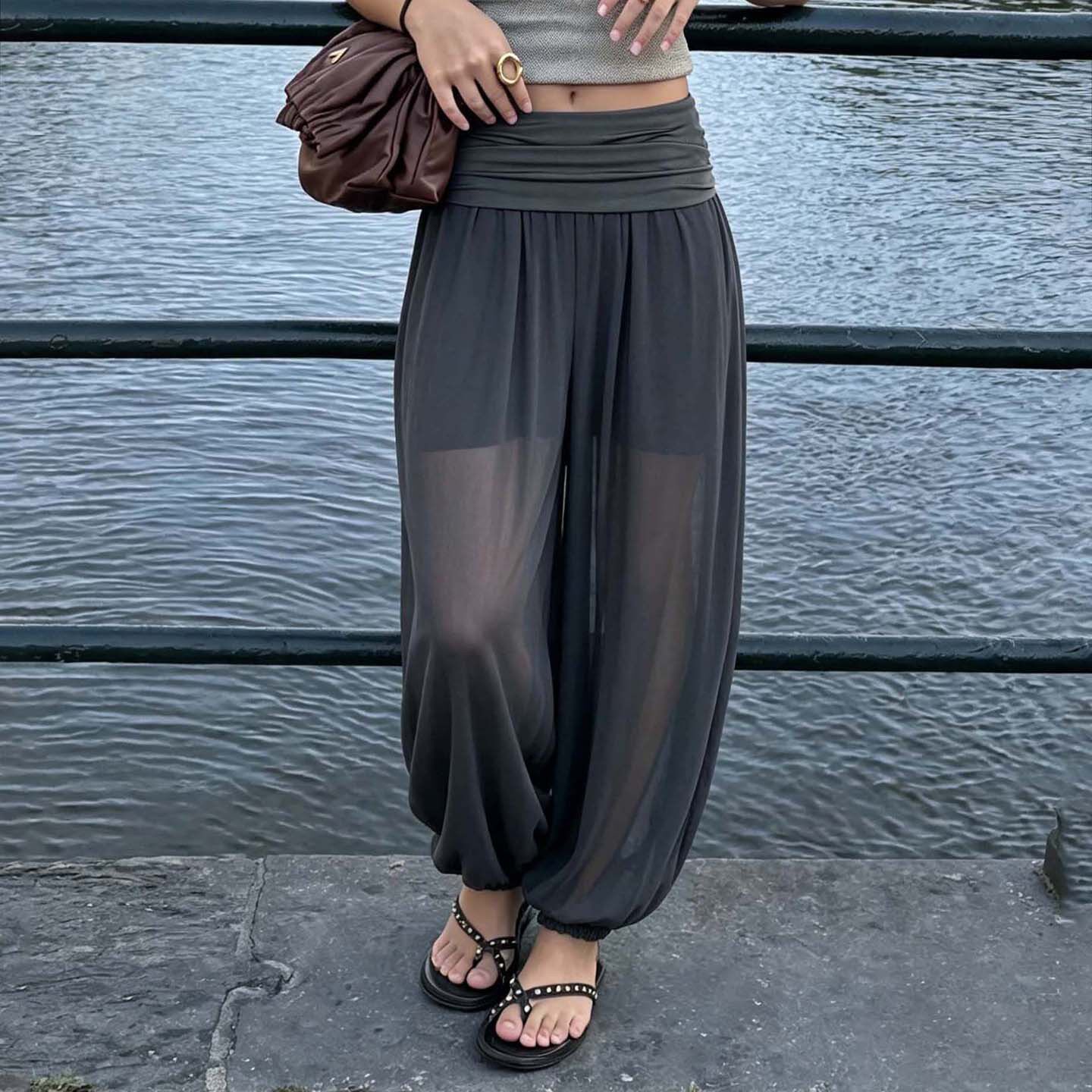 Lightweight mesh splicing casual pants轻薄网纱拼接休闲长裤女
