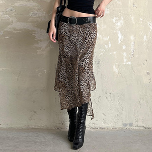 Mesh leopard print skirt美式复古不规则开叉网纱双层豹纹半身裙