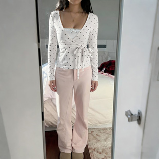 cross neck top法式 上衣 French 甜美波点绑带交叉v领长袖 strap