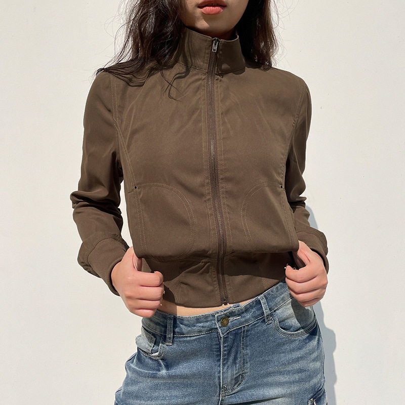 Sexy women's outf 初秋美式工装收腰夹克复古棕色高领休闲外套女