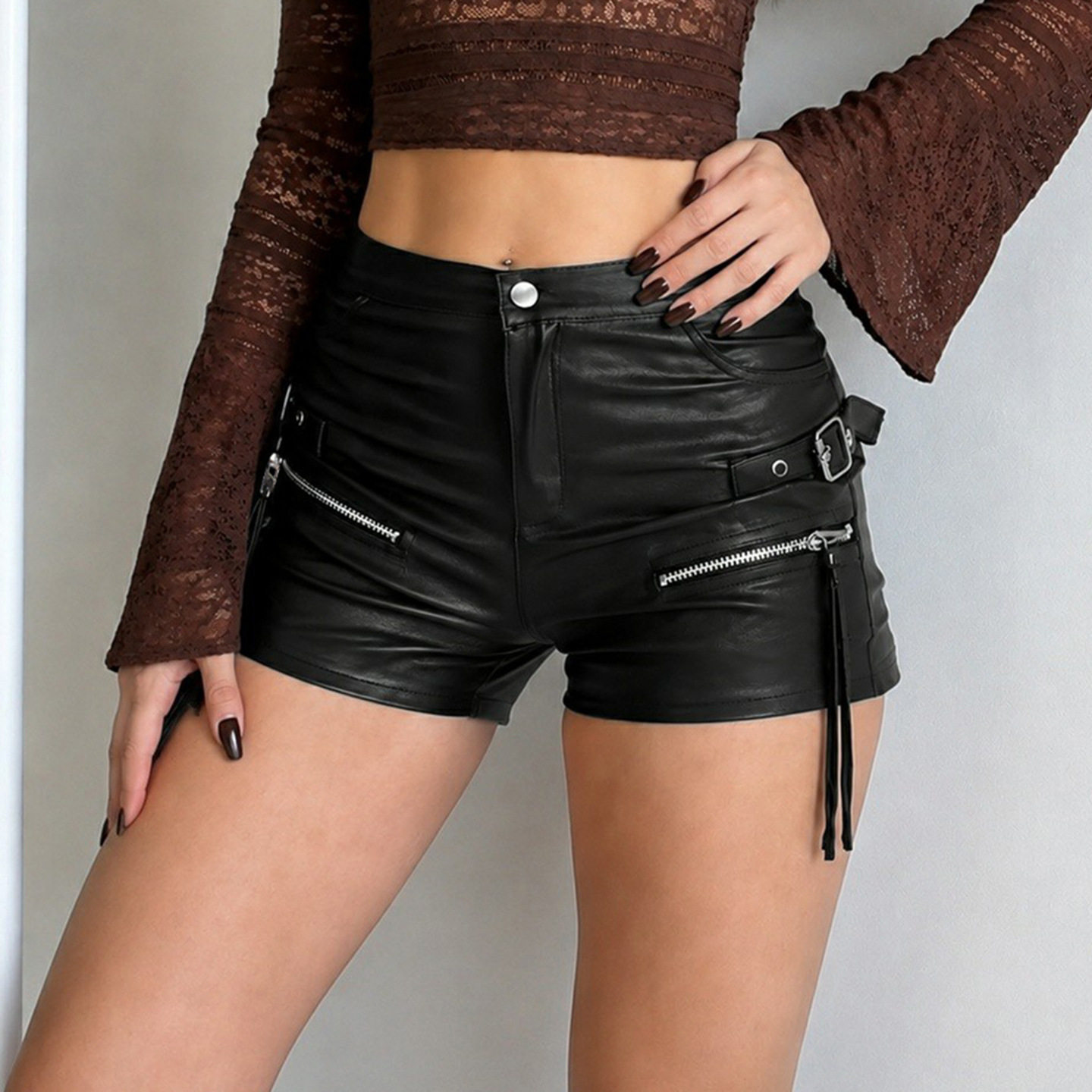 Punk style PU leather shorts朋克风拉链紧身高腰PU皮短裤女热裤