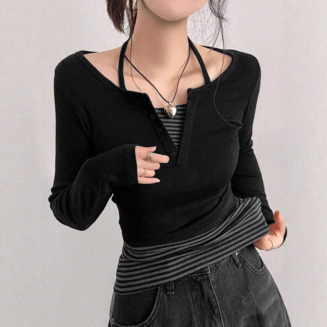 Knitted two-piece set简约针织衫两件套条纹挂脖内搭吊带长袖T恤