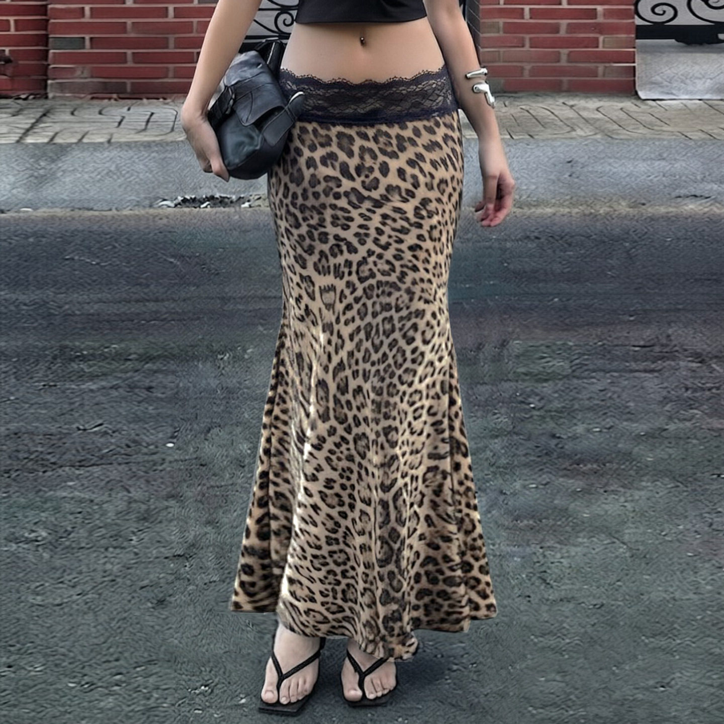 Sexy women's outf 欧美风豹纹蕾丝拼接半身裙女低腰包臀鱼尾长裙