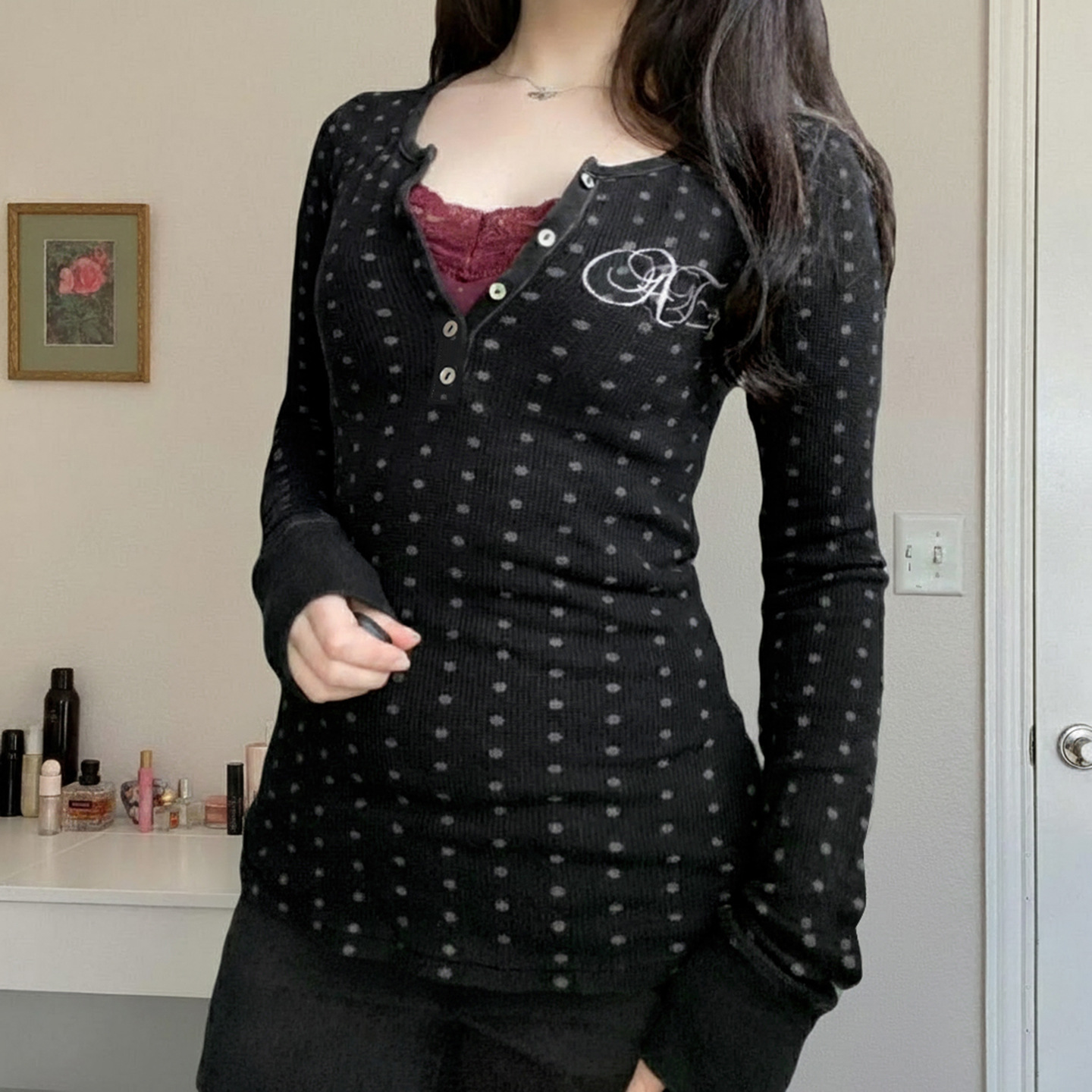 Autumn slim fit inner top 辣妹小波点圆领针织长袖秋季内搭上衣