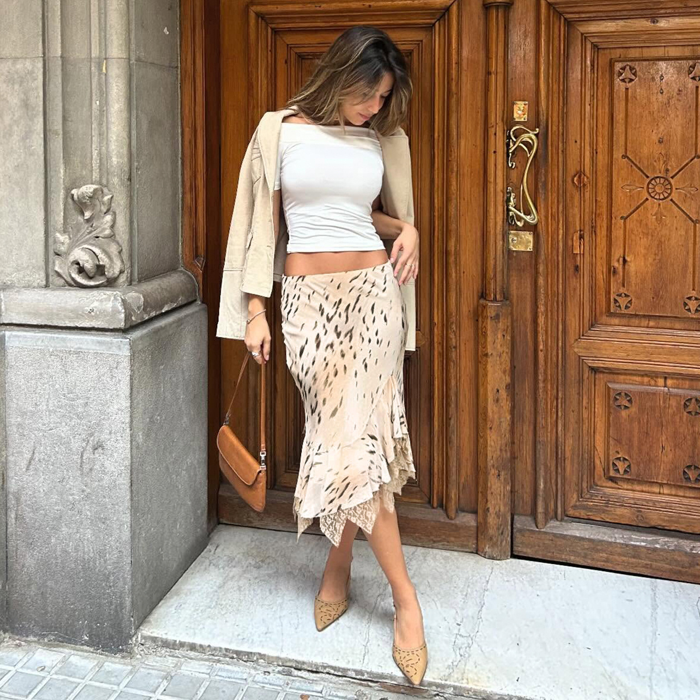 French tiger patterned skirt法式虎纹半身裙女蕾丝花边不规则裙