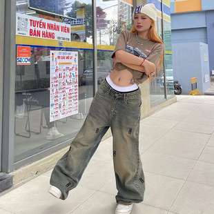 Low waist loose jeans for women 美式拖地低腰宽松牛仔阔腿裤女