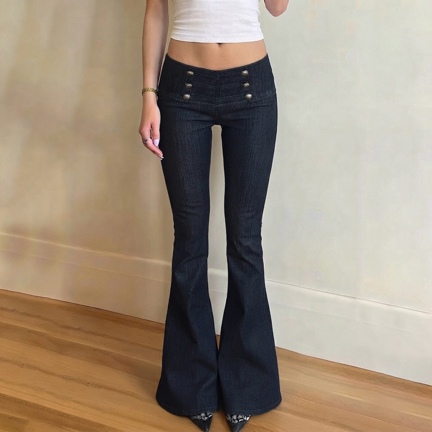Sexy women's outf 欧美低腰蓝色双排扣牛仔裤女秋冬款百搭微喇裤