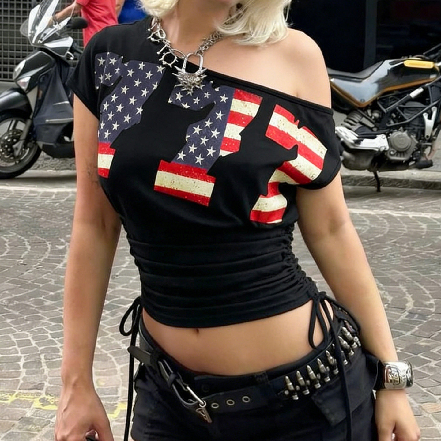 Spicy Girl Cross Shoulder T-shirt美式辣妹斜肩短袖T恤束腰上衣
