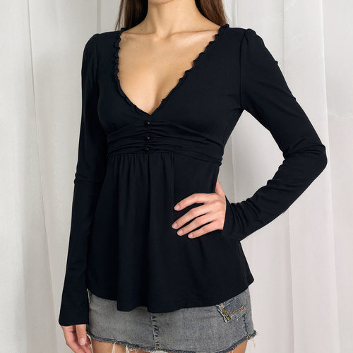 Sexy low cut V-neck T-shirt纯欲风蕾丝木耳边拼接长袖T恤女上衣