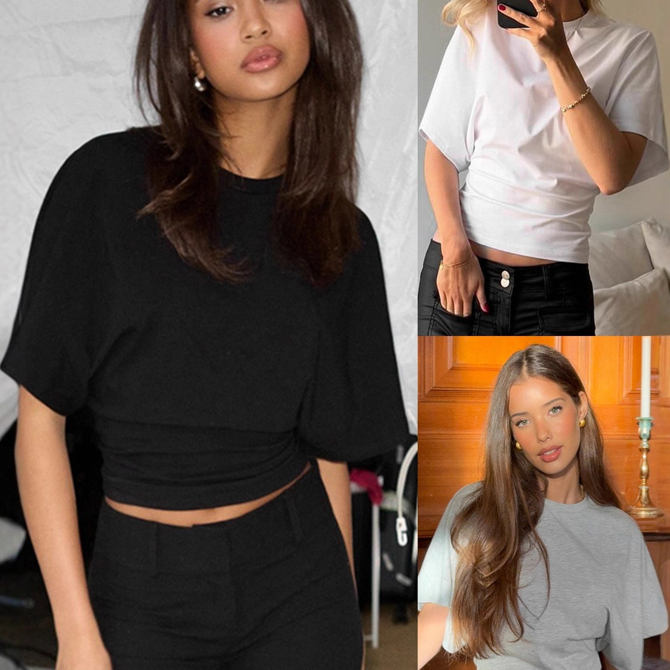 Loose waist T-shirt for women 纯色宽松收腰圆领短袖T恤女上衣