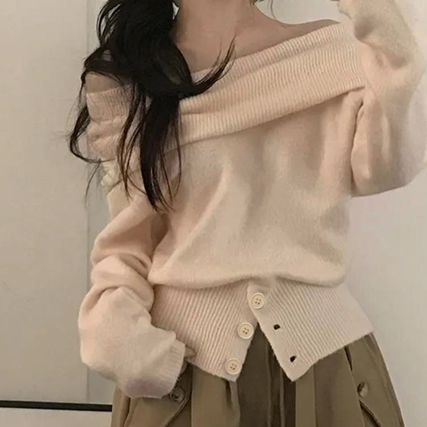 Hot Girl One Shoulder Sweater 设计感小众纯色收腰一字肩毛衣女