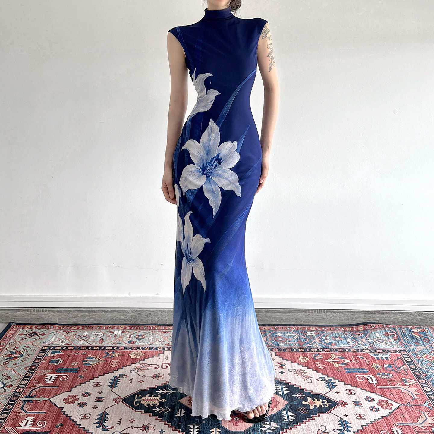 Retro blue printed mesh dress 新中式蓝色系印花渐变网纱连衣裙