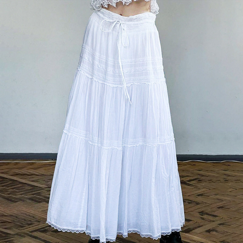 Lace patchwork white long skirt 蕾丝拼接抽绳系带白色半身长裙